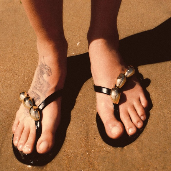 Zara Flat Leather Sandals with Decorative Detail - Picture 6 of 8